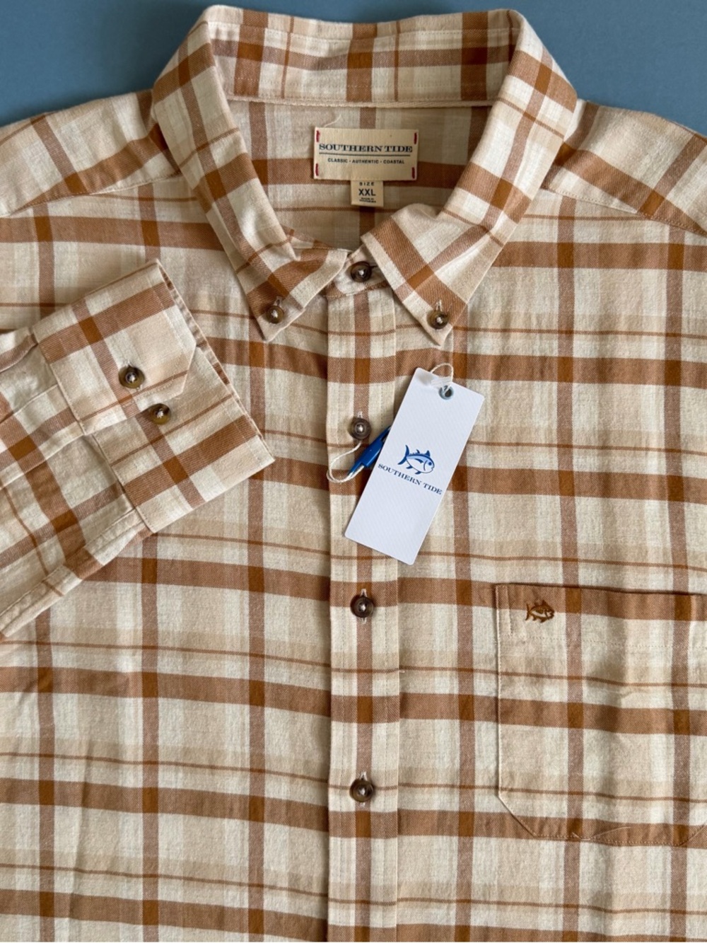 NWT Southern Tide Botnay Bay Plaid Sand‎ White Sportshirt Button Up Flannel